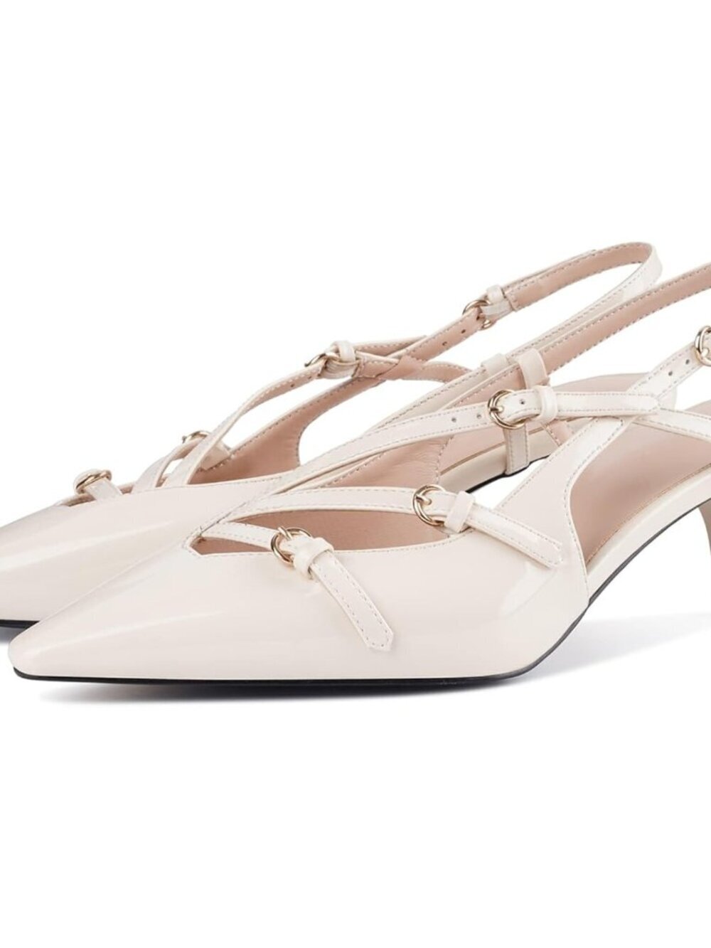 Women's Beige Slingback Kitten Shoes Toe Pumps Low Stiletto Heels